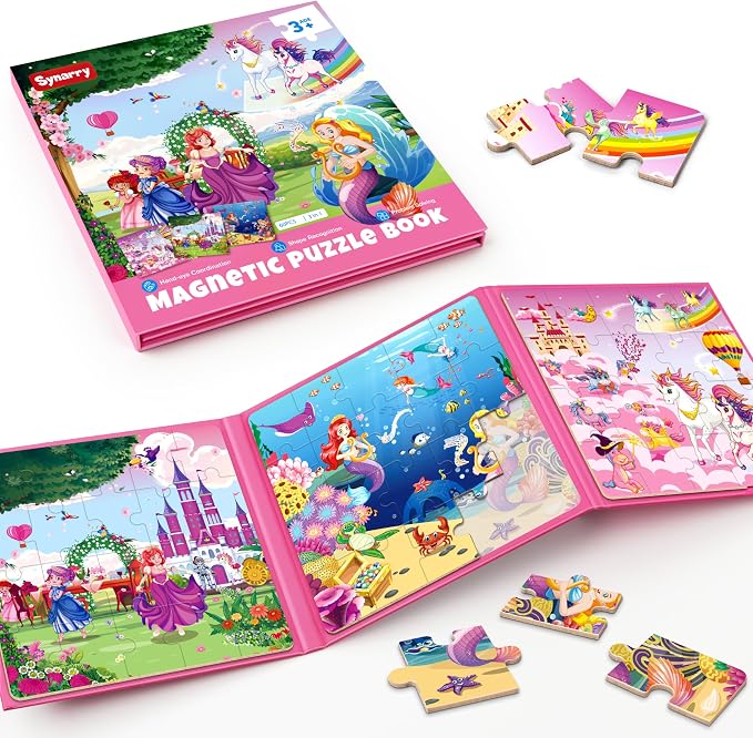 SYNARRY Unicorn Mermaid Princess Magnetic Puzzles for Kids 3-5, Travel Toys | 20-Piece Magnetic Travel Puzzle for Kids Ages 4-6, Car Airplane Road Trip Activities, Quiet Time Toys, Girls Birthday Gifts