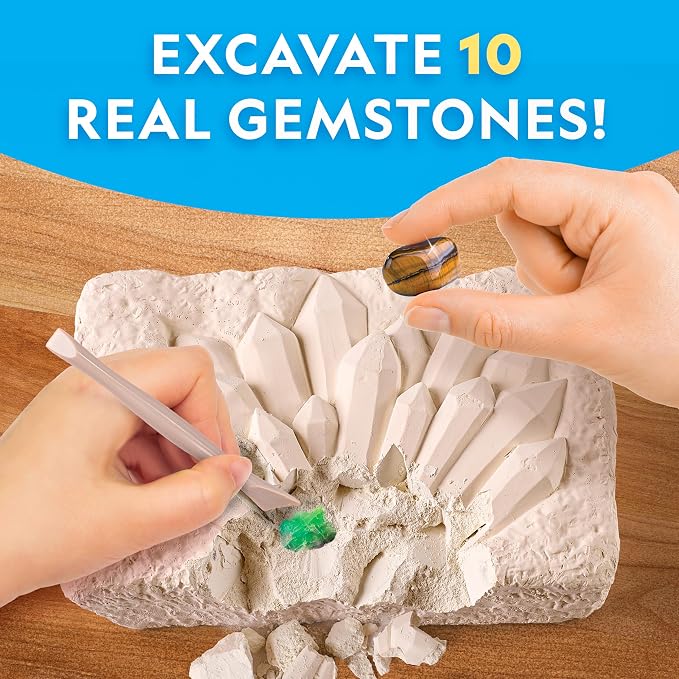National Geographic Gemstone Dig Kit with 10 Real Gemstones for Kids | Amethyst, Quartz & Tiger's Eye, Gem Mining Activity, Excavation Tools, Rock Collection, Geology Science, Birthday Gift
