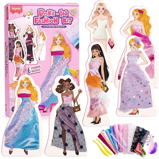 JoyCat Fashion Design Poke Art Kit for Girls, 6 No-Sew Mannequins | A hands-on alternative to paper dolls and fashion plates: cut real fabric and poke it into 6 reusable EVA mannequins.