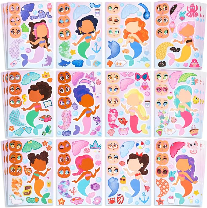 JOYIN 36 Pcs 9"x6" Mermaid Make a face Stickers for Kids, Make Your Own Mermaid Sticker Sheets, Party Favors Kids Crafts, Goodie Bags Stuffers, Classroom Rewards