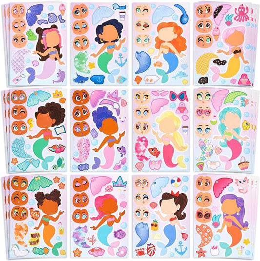 JOYIN 36 Pcs 9"x6" Mermaid Make a face Stickers for Kids, Make Your Own Mermaid Sticker Sheets, Party Favors Kids Crafts, Goodie Bags Stuffers, Classroom Rewards
