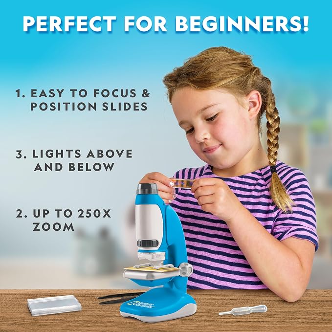 National Geographic Junior Microscope Science Kit with 250x Magnification | Handheld Mini Attachment, 12 Slides, Dual Viewing Options, Biology Experiments, Beginner STEM Toy, Birthday Gift