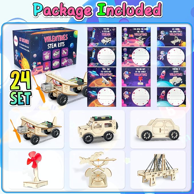 kortes Valentines Day Cards for Kids Classroom, 24 Pack Valentines Gift Cards with Stem Kits, Valentine's Party Favors Toys for Boys Girls and Valentine School Exchange Gifts Greeting Cards