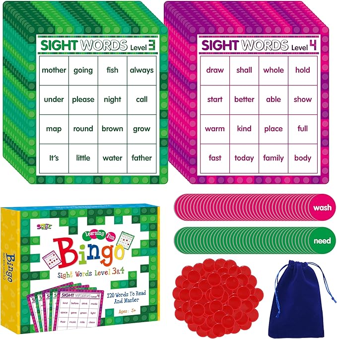 SpriteGru Sight Word Bingo Game, 120 Sight Words Learn to Read Level 3 & Level 4 Bingo Board Game Dolch's & Fry's Words Lists for Kindergarten and Preschool Kids 5+, Perfect for Classroom & At Home