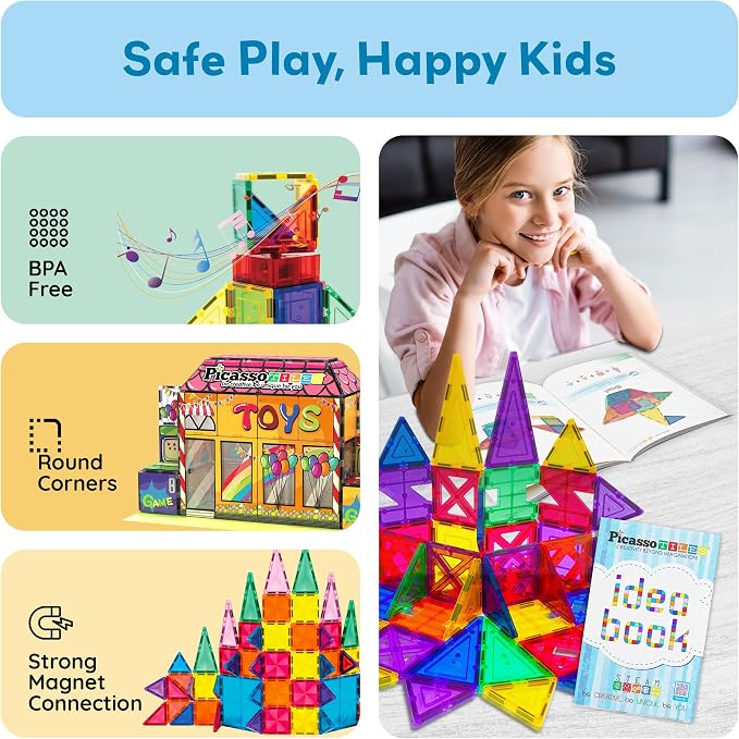 PicassoTiles Magnetic Tile Idea Book, 300 Builds Illustrated Guide, Ages 3+ | 230 pages, bright step-by-step visuals, difficulty scale, STEM skills, race track and marble run inspiration, screen-free fun