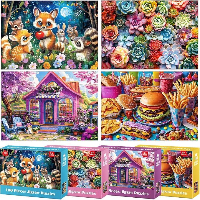 4 Packs 100 Piece Puzzles for Adults - Forest Animals, Flower Shop, Succulents, Hamburgers Large Piece Puzzles for Seniors Adults Jigsaw Puzzle for Kids Ages 6-8 8-10 Learning Educational Puzzles Gift