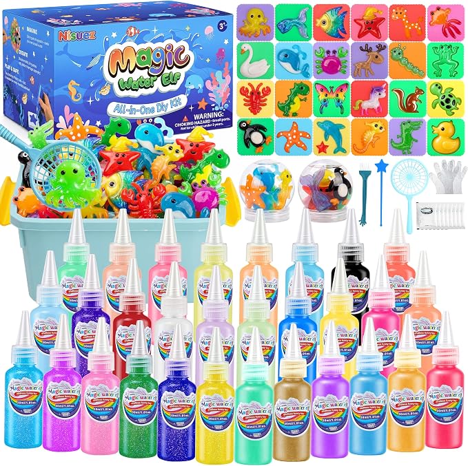 Nisuez Magic Water Elf Toy Kit with 30 Color Gels & 24 Molds, DIY Water Gel Making Kit, Make Your Own Squishies & Water Pets, Sensory Craft Kit, Birthday Gifts & Party Favors for Kids Ages 3+