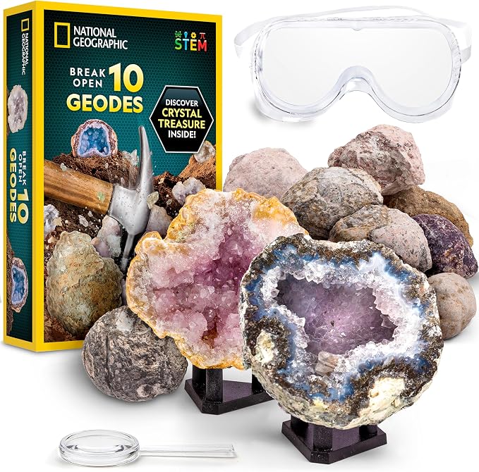 National Geographic Break Open 10 Premium Geodes for Kids Ages 8-12 | Safety Goggles, Real Crystal Geodes, Geology Science Kit, Break Your Own Geodes, STEM Activity, Birthday Gift