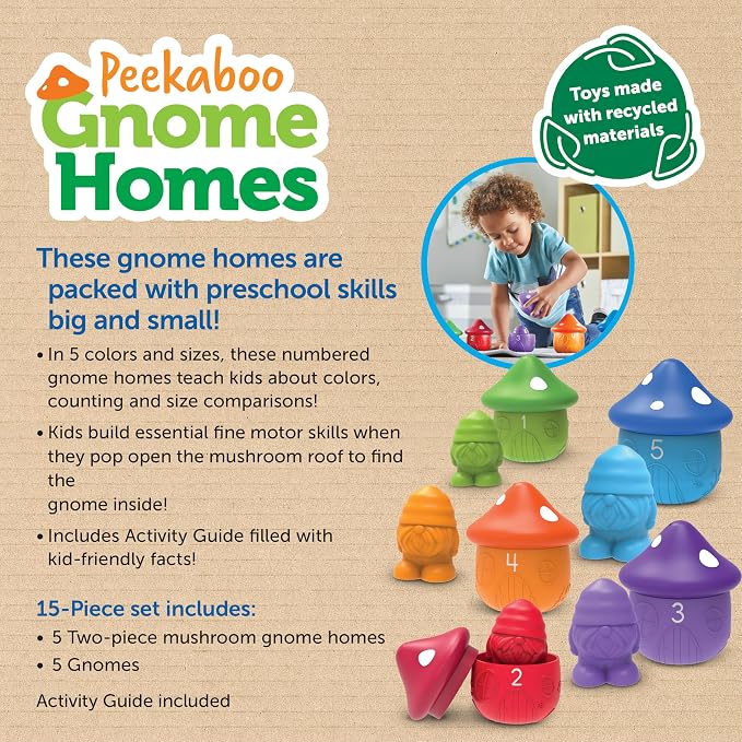 Learning Resources Peekaboo Gnome Homes | Sorting Toys for Toddlers, Color Sorting Toys, Toddler Counting Skills, Fine Motor Skills, Montessori, Kindergarten Counting