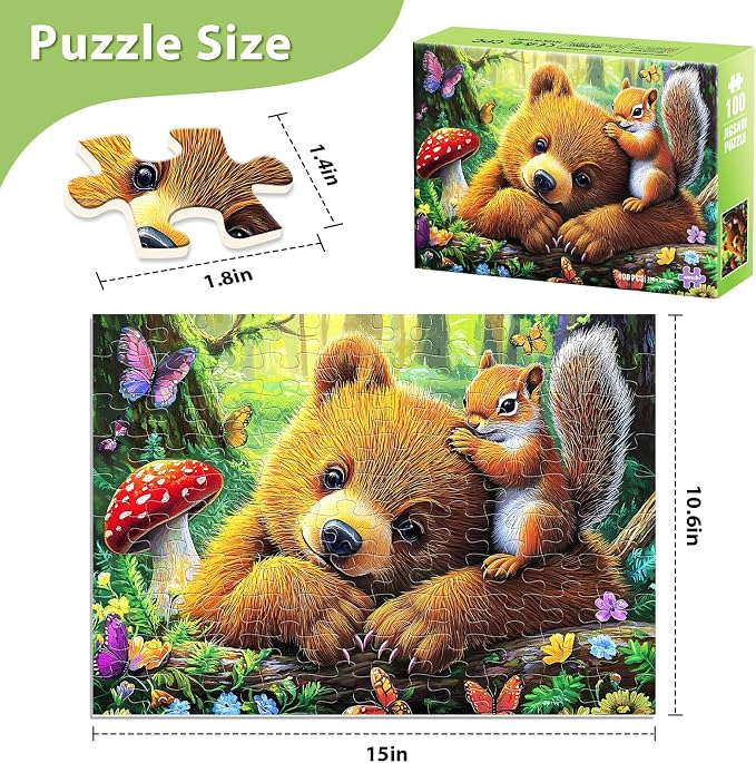 Jeaiciro 100 Piece Puzzles for Kids Ages 4-6 6-8, Bear & Squirrel Themed Jigsaw Puzzle for Adults Kid Seniors, Kids Puzzles Ages 5-8 Educational Toy for Boys and Girls Family Fun Gift for Children