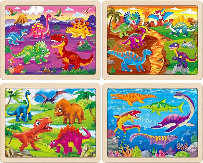 SYNARRY Large Dinosaur Wooden Puzzles for Kids Ages 4-6, 4-in-1 Gift Set | Dinosaur Puzzles for Toddlers & Kids Ages 3-5, Birthday Gifts for Boys & Girls, Educational Dinosaur Toys, Screen-Free Play