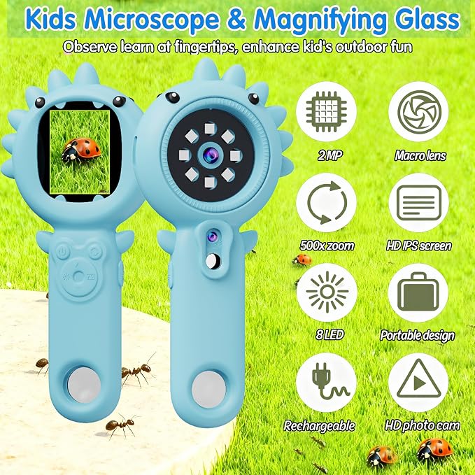 Portable Microscope for Kids & Toddlers, Mini Pocket Handheld Microscope with Photo and Video Function, STEM Educational Science Kit (32GB Card) (Blue) (Blue)