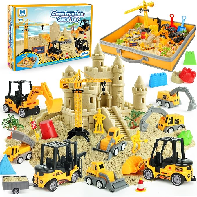 Helsort 37 Pcs Sand Construction Kit with Magic Sand, Sandbox, 8 Trucks | Foldable Sand Box, 2.2lbs Sand, 8 Construction Trucks, Crane, Worker, Road Signs, Molds, Shovel, Ideal Gifts for Kids 3+