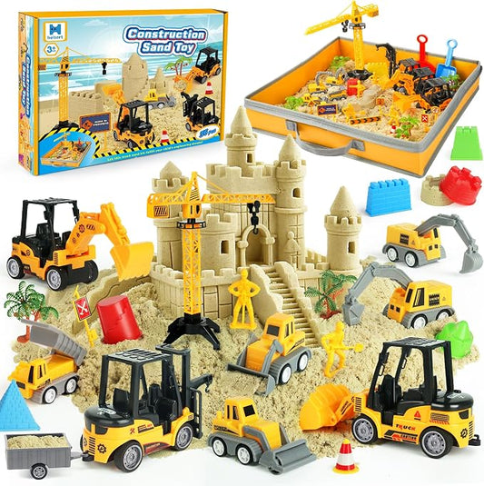 Helsort 37 Pcs Sand Construction Kit with Magic Sand, Sandbox, 8 Trucks | Foldable Sand Box, 2.2lbs Sand, 8 Construction Trucks, Crane, Worker, Road Signs, Molds, Shovel, Ideal Gifts for Kids 3+