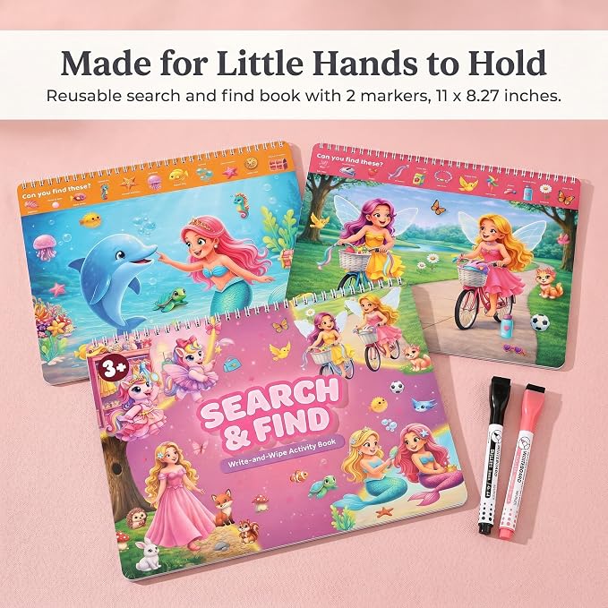Fun Search and Find Books for Kids 3-5 - Cute Road Trip Game for Girls 4-8 | Magical Princess, Unicorn and Mermaid Scenes W Markers - Essential Travel Activity for Hours of Fun on Car Rides and Planes