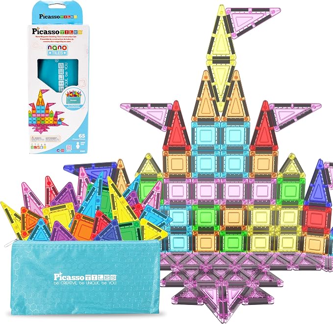 PicassoTiles 65 Piece Magnetic Tiles, STEM Travel Building Set for Kids 3+ | zipper carry pouch bag, portable miniature toy construction, educational Montessori learning, creative birthday gift present