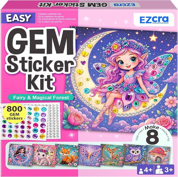EZCRA Gem Sticker Kit for Kids - 800 Stickers, 8 Fairy Forest Theme | Diamond Art Stickers and Gem Craft Set. Mess-Free and DIY Arts and Crafts. Birthday and Holiday Gift for Girls Ages 3-8.