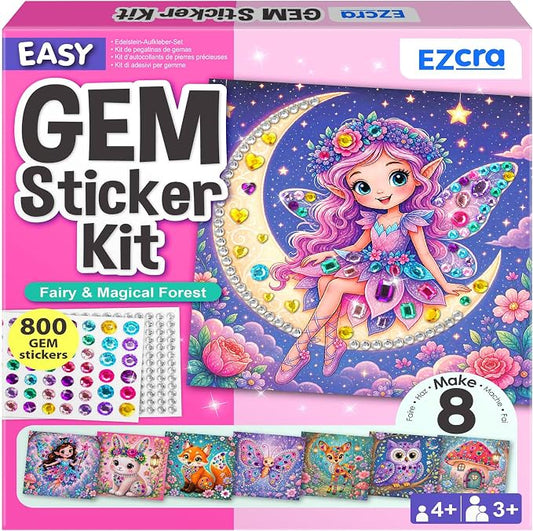 EZCRA Gem Sticker Kit for Kids - 800 Stickers, 8 Fairy Forest Theme | Diamond Art Stickers and Gem Craft Set. Mess-Free and DIY Arts and Crafts. Birthday and Holiday Gift for Girls Ages 3-8.