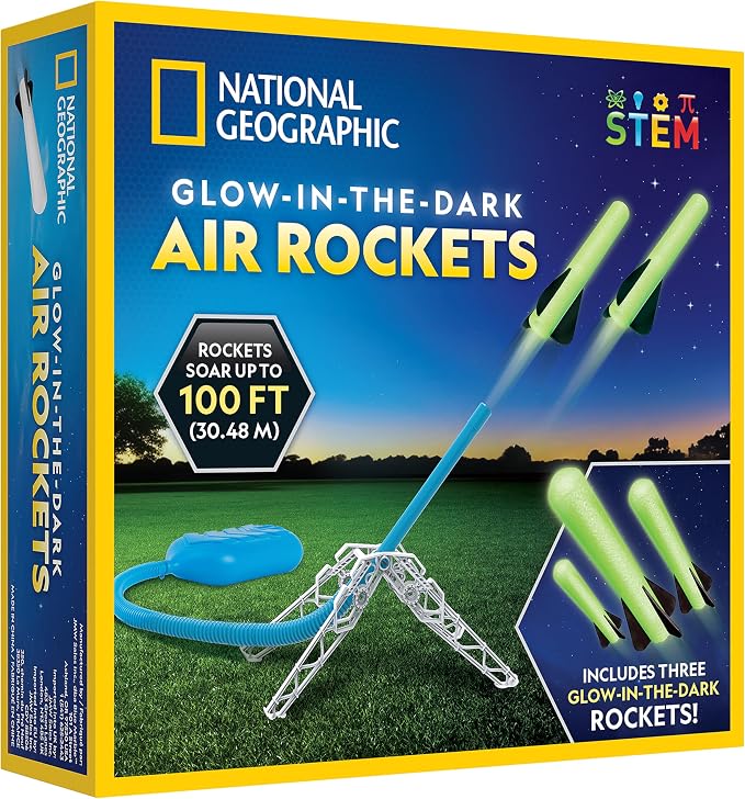 National Geographic Glow in the Dark Air Rocket Launcher Toy for Kids 8-12 | Glow-in-the-Dark Foam Rockets, Launches Up to 100 Feet, Adjustable Base, Outdoor STEM Activity, Backyard Play, Birthday Gift