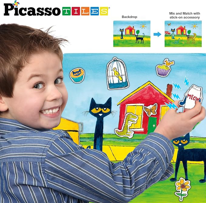 PicassoTiles Pete The Cat 80pc Magnetic Board Game Puzzle Playset Reusable Mix & Match Cartoon Toy with Storytelling, STEM Learning Activity Book and Storage Educational Kids Toys for Ages 3+ PTC02