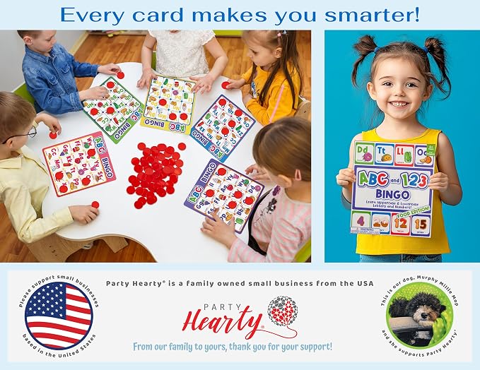 Party Hearty ABC & 123 Bingo Game for Kindergarten & Preschool - Foods | Food Edition, Alphabet and Number, Preschool Kids Learn to Read, Ages 4 and Up