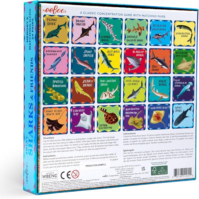 eeBoo Shiny Sharks & Friends Memory & Matching Game, Ages 3+, 1-4 Players | Introduces sharks & marine life. Sharpens recognition, concentration & memory skills. Includes 48 foil tiles, 24 pairs