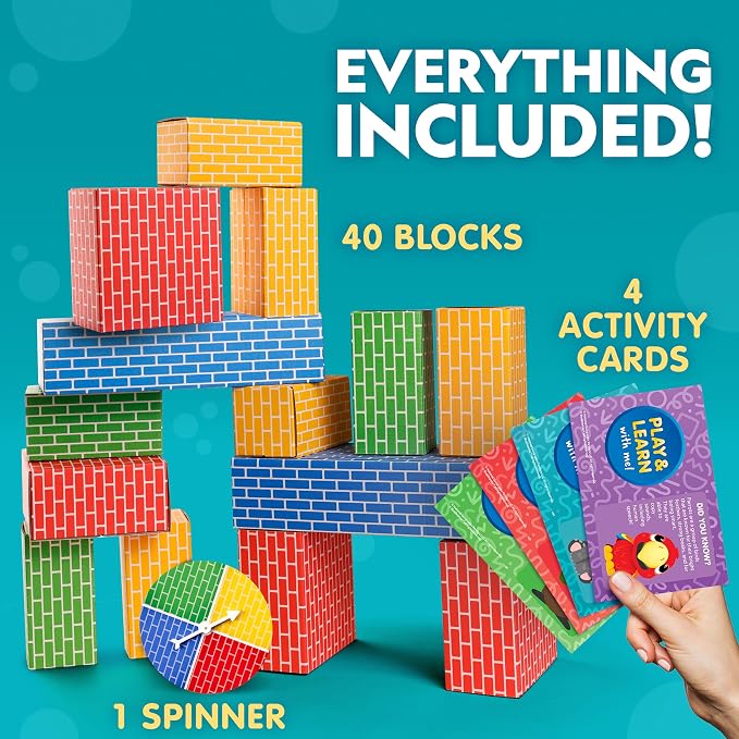 National Geographic Kids Jumbo Cardboard Building Blocks 40-Piece Set | Heavy-Duty Bricks in 3 Sizes, Game Spinner, Activity Cards, Indoor Construction Play, STEM Learning, Ages 3+