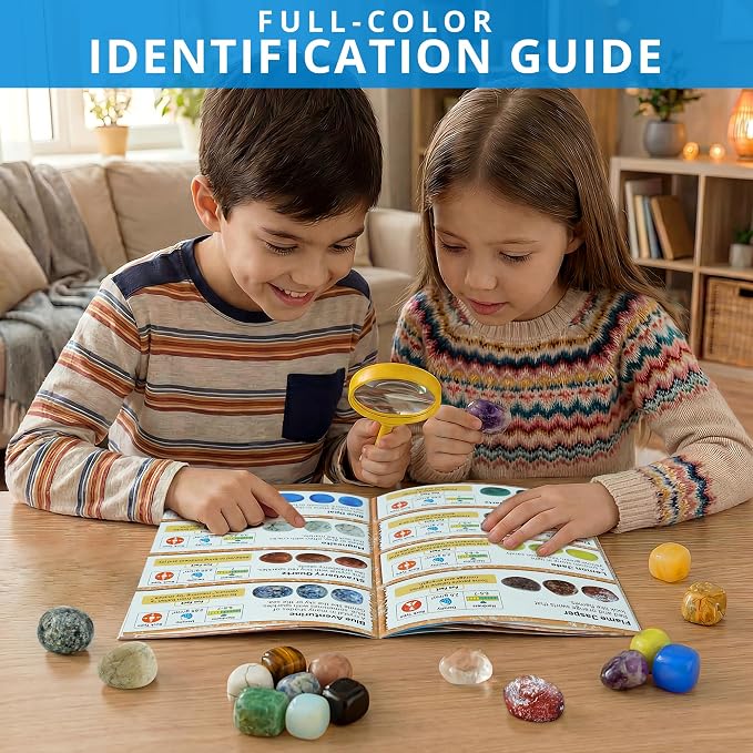 PIBEX Gemstone Collection Kit, 16 Gems & Crystals, Approx. 1-Inch / 2-3 cm | 16 Polished Gems, Amethyst to Opal & Moonstone, Game Cards, Learning Guide, Display Box, STEM Geology Gift for Kids Ages 6+