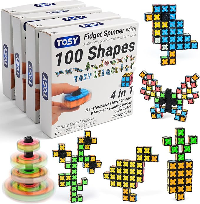 TOSY Magnet Fidget Spinner Mini - 8 Blocks, 3 in 1 Toy: Transformable Fidget Spinner, Infinity Cube, 2x2 Puzzle Cube, Stress Relief, STEM Magnet Tiles Birthday Gift for Kids/Boys/Girls/Adults, 4-Pack