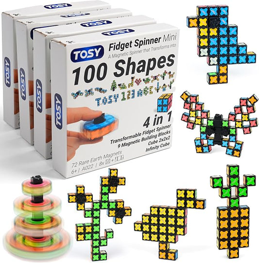 TOSY Magnet Fidget Spinner Mini - 8 Blocks, 3 in 1 Toy: Transformable Fidget Spinner, Infinity Cube, 2x2 Puzzle Cube, Stress Relief, STEM Magnet Tiles Birthday Gift for Kids/Boys/Girls/Adults, 4-Pack