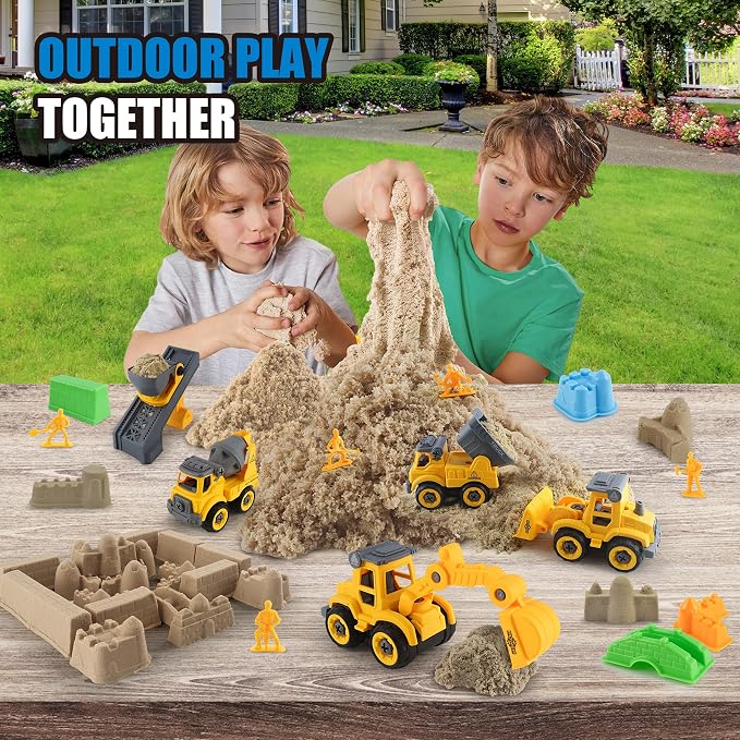 YIDESTARS Sensory Bin with Lid – 4 Take-Apart Trucks & 3lb Sand | Ages 3-6, 8 castle molds, 6 figures, fine motor skills, storage bin, gift for kids, indoor outdoor play