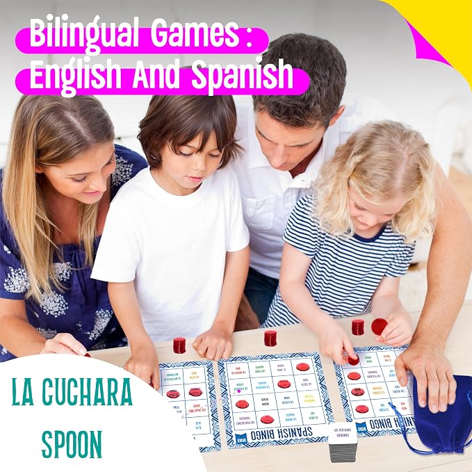 SpriteGru Spanish Bingo Game, 12 Vocabulary Bingo Board Game Bilingual Word Learning Educational Toys for Words Learning - Ages 5 and up (Up to 12 Players)