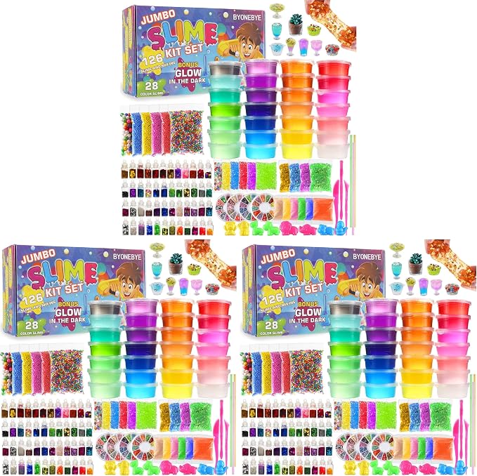 126 Pcs DIY Slime Making Kit for Girls Boys - Birthday Idea for Kids Age 5+. Ultimate Supplies Include 28 Crystal Slime, 2 Glow in The Dark Powder, 48 Bottle Glitter Jar etc. (Pack of 3)