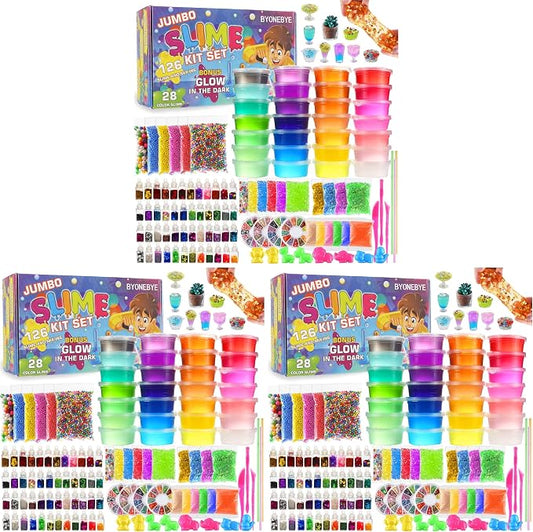 126 Pcs DIY Slime Making Kit for Girls Boys - Birthday Idea for Kids Age 5+. Ultimate Supplies Include 28 Crystal Slime, 2 Glow in The Dark Powder, 48 Bottle Glitter Jar etc. (Pack of 3)