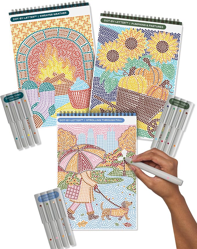 Lifelines FlowArt Activity Pads 3-Pack, Dot-by-Letter Guided Coloring Books | 12 Double-Sided Markers & 60 Scenes - Guided Art Meditations for Tweens, Adults & Seniors - Dot-by-Letter - Patent Pending