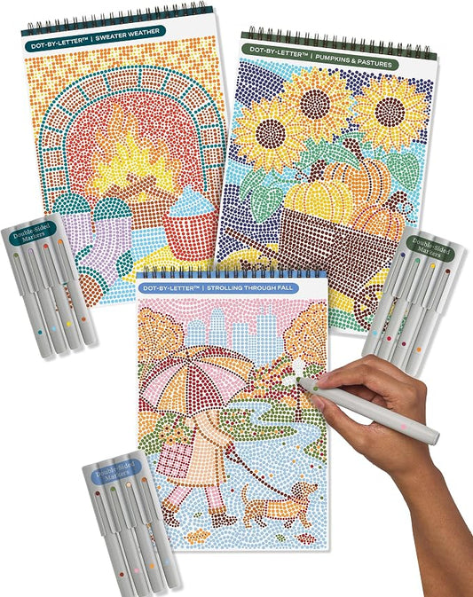 Lifelines FlowArt Activity Pads 3-Pack, Dot-by-Letter Guided Coloring Books | 12 Double-Sided Markers & 60 Scenes - Guided Art Meditations for Tweens, Adults & Seniors - Dot-by-Letter - Patent Pending