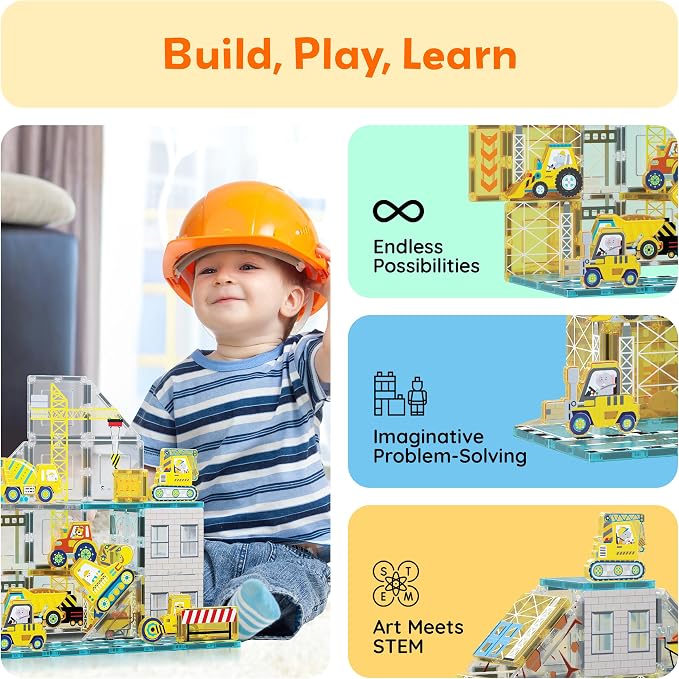 PicassoTiles Magnet Tiles Magnetic Building Blocks with 8 Construction Vehicles Crank Truck Excavator Bulldozer Road Roller Concrete Mixer Tractor Dump Truck Forklift Toys Learning Kids Ages 3+ PTQ11 | 8 trucks, crane, excavator, bulldozer, dump, road ...