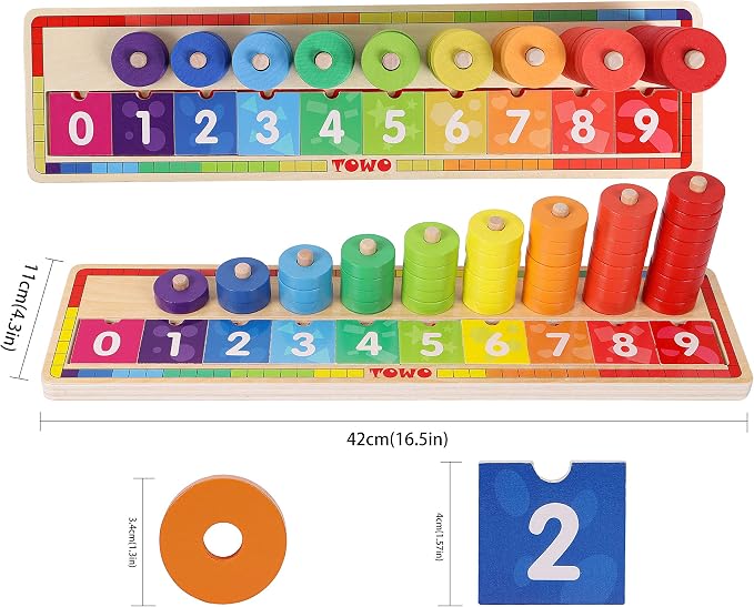 TOWO Wooden Counting Ring Stacker, 45 Rings Number Blocks Toy | Includes 45 rings and number blocks for sorting, counting and early math; Montessori learning toy for kids age 3+