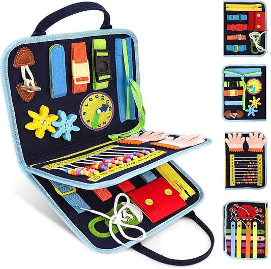 Busy Book for Toddlers, Montessori Felt Quiet Book Travel. Ages 3+ | Soft felted wool, securely stitched with no loose pieces. Buttons, zippers and abacus build fine motor skills.