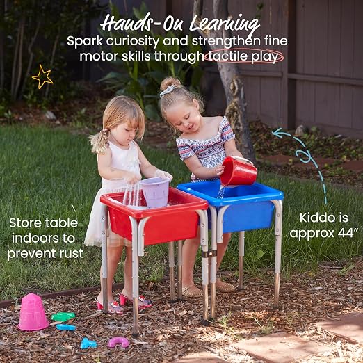 ECR4Kids 2-Station Sand and Water Adjustable Play Table, Sensory Bins, Blue/Red | Durable plastic/steel, GREENGUARD Gold Certified, 3-5 years, 80 lb capacity, adjustable legs, easy-lift lids, indoor/outdoor