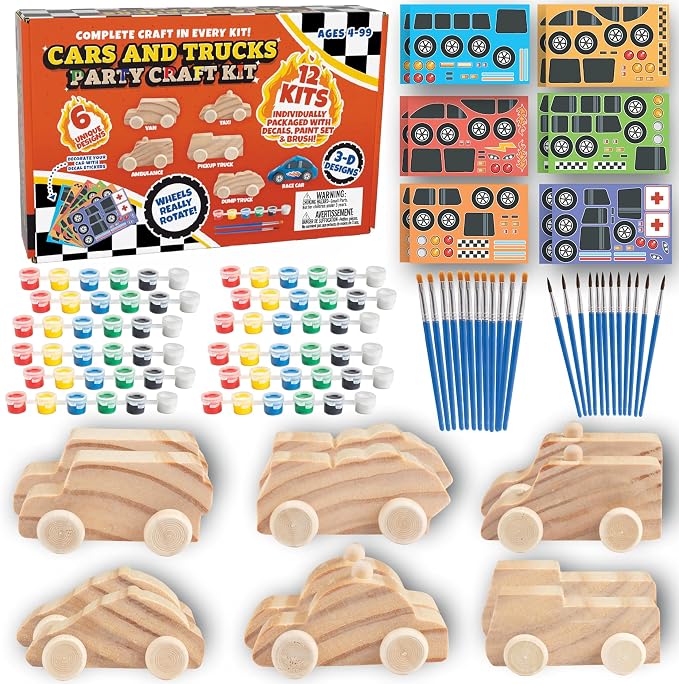 Kids Paint Your Own Wooden Car Craft Kits (12 Pack) – DIY Wood Painting Art Kits, Individually Wrapped w Paint, Brush & Bonus Decal Stickers – Party Favors, Classroom Crafts, Bulk Kids Activities
