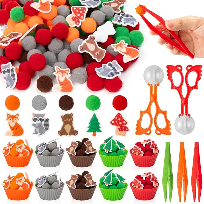 EZdhuawuse Woodland Animals Sensory Bin Fillers - 266Pcs Summer Animals Fine Motor Toys Sorting Stacking Toys for Kids, Felt Fox Bear Pom Poms Cup Clip for Preschool Education Development Activity