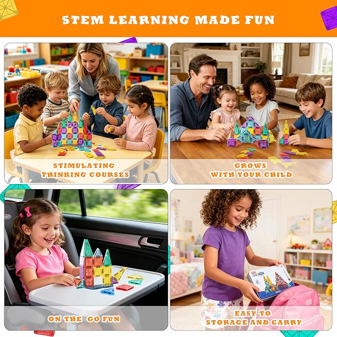 Mini Magnetic Tiles for Kids 43PCS Magnet Tiles Building Travel Toys for Toddlers Magnetiles with Case & Cars STEM Magnets Construction Tile Toy Set Ages 3-6 Boys Girls