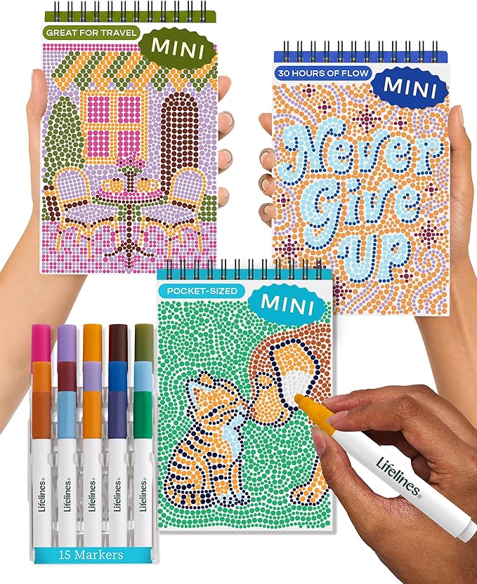 Lifelines FlowArt Mini Activity Pads, 3-Pack, Dot-by-Letter Coloring Books | 15 Markers & 60 Scenes - Guided Art Meditations for Tweens, Adults & Seniors - Dot-by-Letter - Patent-Pending