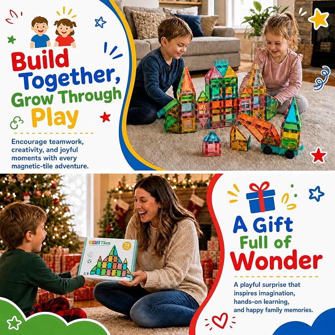Magnetic Tiles with Playboard, STEM Building Blocks, 32-Piece | Encourages creativity, imaginative play, and early learning through hands-on exploration