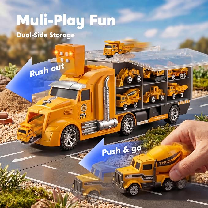 JOYIN 25-in-1 Construction Truck Toy Set with 12 Vehicles & 12 Worker Figures, Push and Go Toy Trucks with Sound and Light, Construction Toys Birthday Gifts for Kids 3 4 5 6 7 Years Old