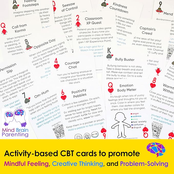 Mind Brain Emotion 52 Essential Coping Skills for Kids + Free Online Learning Library: CBT Calm Down Cards for Anxiety, Anger & Big Feelings - Emotional Regulation SEL Therapy Game, Ages 5-14