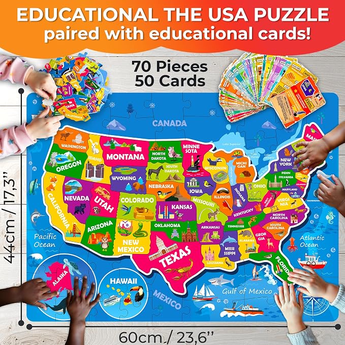 United States Puzzles for Kids Ages 8-10 - Jigsaw Kids Puzzles Ages 6-8 | 70 Pcs Jigsaw Floor USA Map Puzzle - 50 Cards with 400+ USA Facts - US State and Capitals Educational Gift for Children 4-8