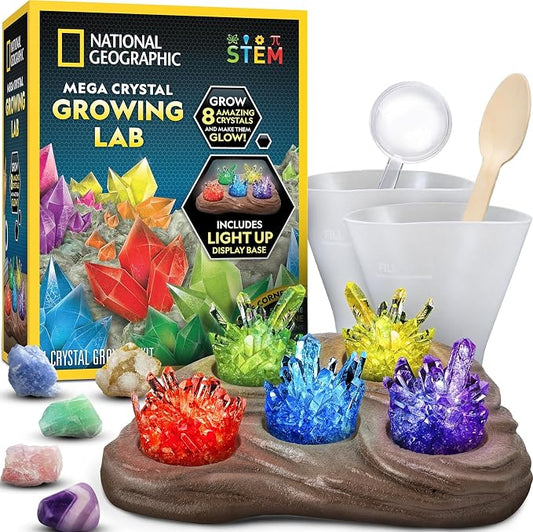 National Geographic Mega Crystal Growing Kit with 8 Crystals Ages 8-12 | Grow 8 Colorful Crystals, Light-Up Night Display, Crystal Making Experiment, Science Kit, STEM Learning, Birthday Gift