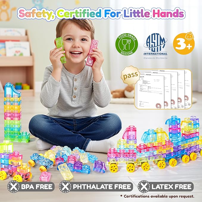 42PCS Soft Train Sensory Building Blocks with Wheels,Squishy Stacking Toy | Preschool Educational Creative Play, Montessori Squeezable, Stretchable Early Learning Construction Playset, Puzzle Blocks